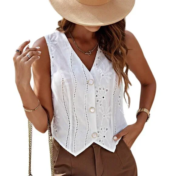 Sleeveless White Vest Buttons Lightweight Cutouts Eyelet Vest One Left In Large - Picture 4 of 4